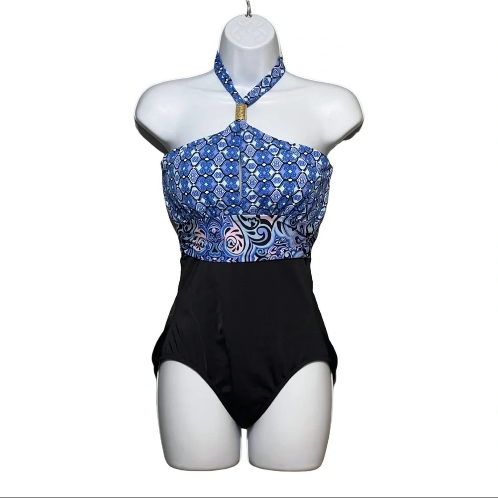 Jantzen Hi-Cut Halter One Piece Swimsuit Blue Printed Black Size 8